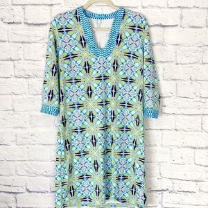J. McLaughlin blue green geometric print u-neck Catalina cloth shift dress large